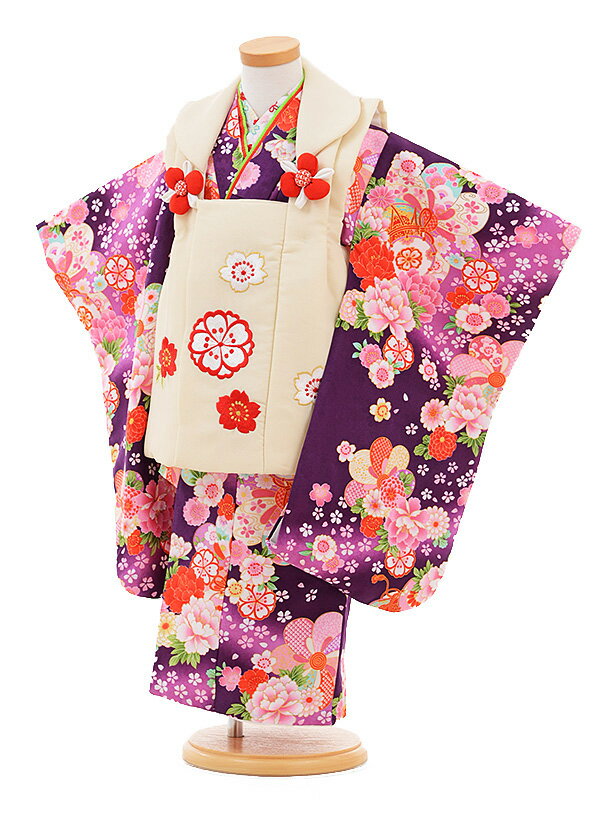 【レンタル】七五三レンタル 女の子 3歳着物フルセットA310 クリーム色×パープル 花 鼓 被布セット 90cm〜100cm 子供着物 貸衣装