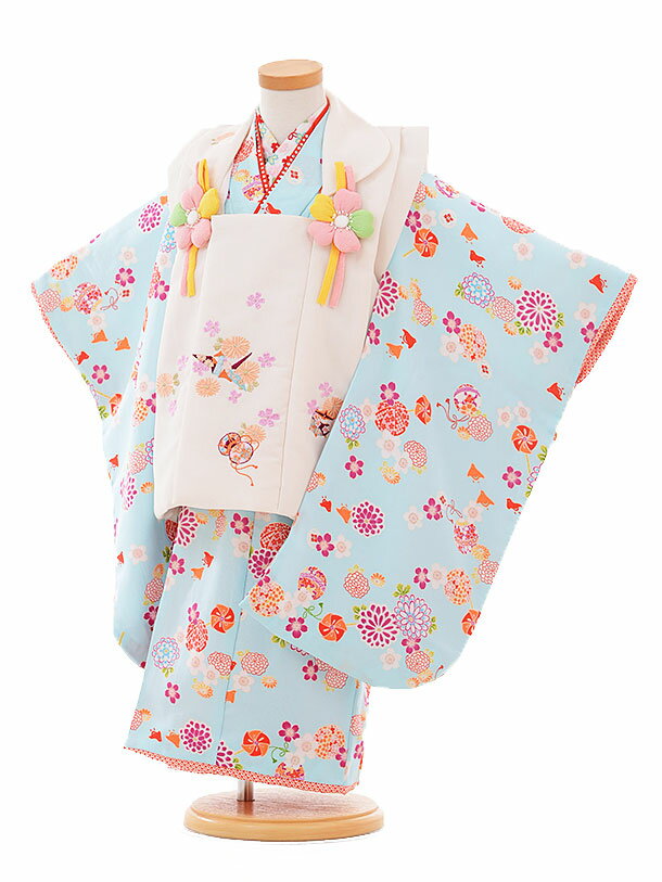 【レンタル】七五三レンタル 女の子 3歳着物フルセットA313 R・KIKUCHI 白×水色 花 まり 被布セット 90cm〜100cm 子供着物 貸衣装