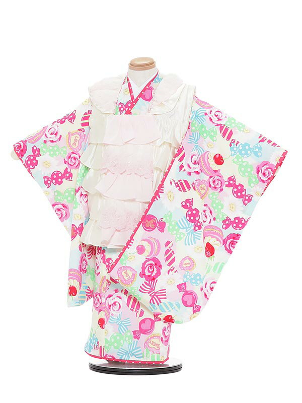 【レンタル】七五三レンタル 女の子 3歳着物フルセットA333 白×パステルカラー お菓子 被布セット 90cm〜100cm 子供着物 貸衣装