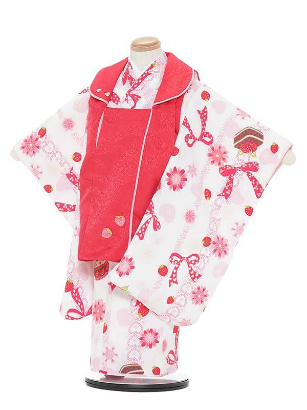 【レンタル】七五三レンタル 女の子 3歳着物フルセットA353 SHY KIDS 赤×白 被布セット 90cm〜100cm 子供着物 貸衣装