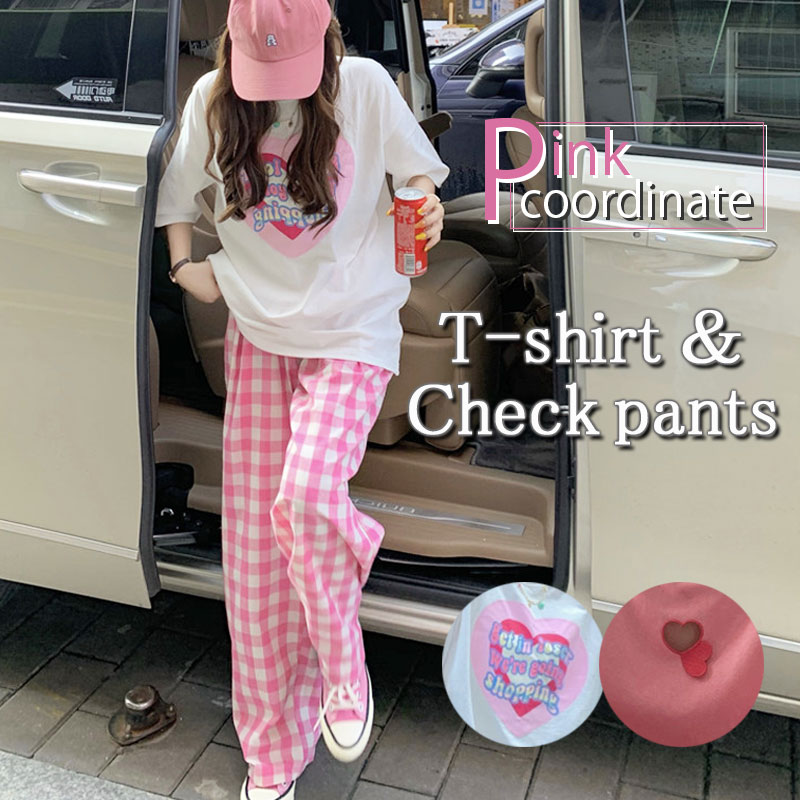 上下セット Tシャツ チェックパンツ 2点セット レディース セットアップ ピンクコーデ ワイドパンツ 流行 大きいサイズ シンプル ゆったりオーバーサイズ ルームウェア 部屋着 シンプル かわいい 【メール便送料無料】