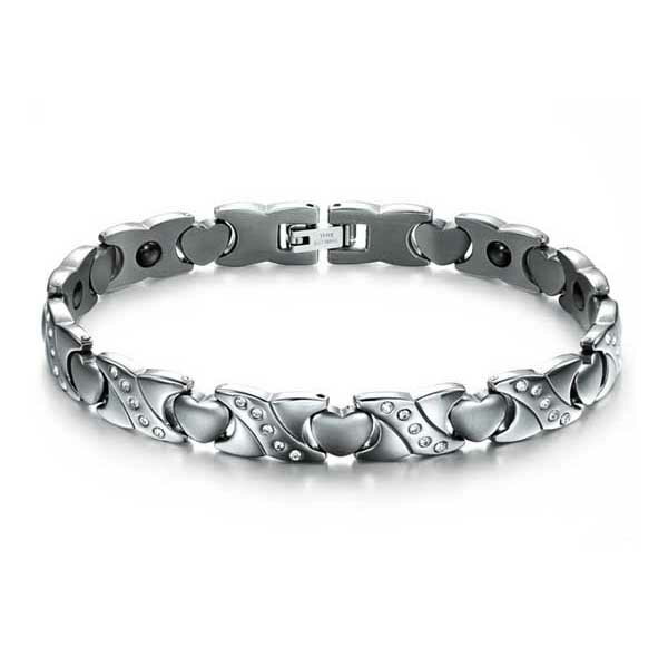 Rakuten - 送料無料 ハート ステンレス ブレスレット マグネット アイテム ビジュー 人工ジュエリー 磁石 バングル 銀色 シルバー