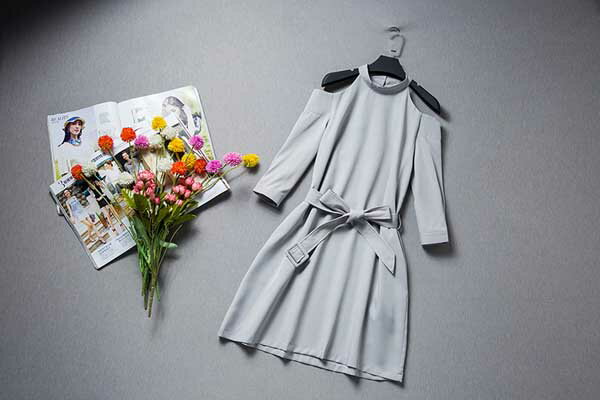 乐天商城 - 肩あきワンピース レディース 膝上丈 ラウンドネック リボン 綿 送料無料