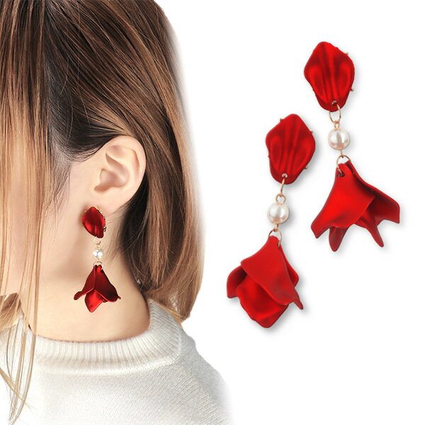 送料無料 両耳用 薔薇 バラ 花びら ピアス レディース オシャレ カワイイ フラワー ローズ 赤 レッド プレゼント ギフト 贈答 s925針 シルバー 銀