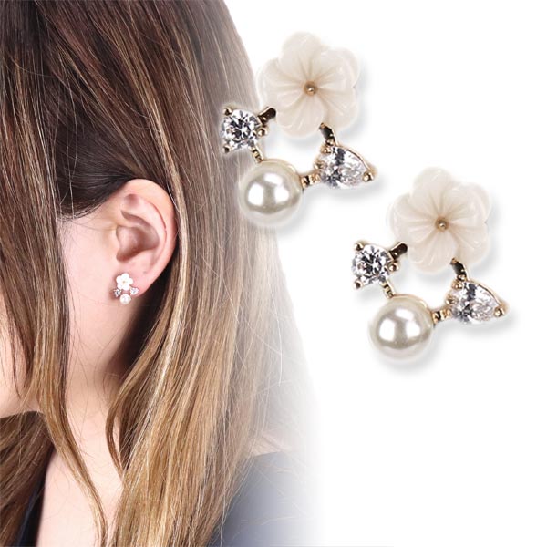 Rakuten - 1000円ポッキリ 送料無料 両耳用 ピアス レディース 花 フラワー フェイク パール 大人 貝殻 プラチナ コーティング