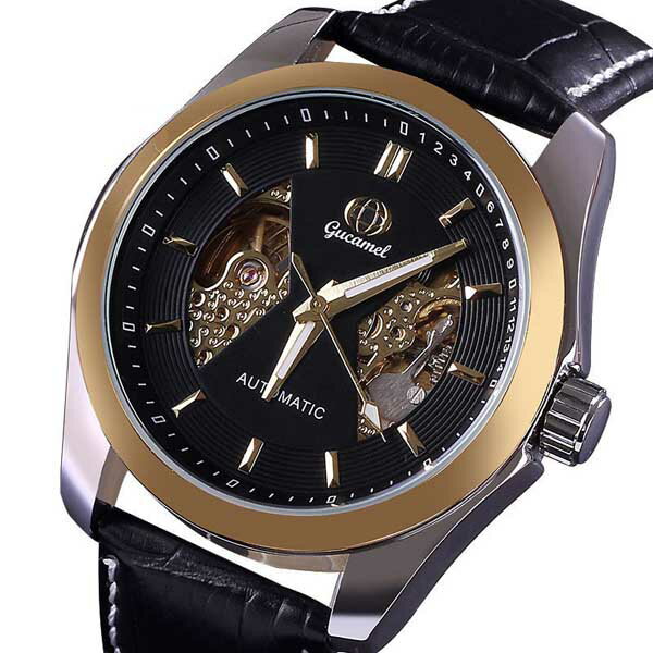 送料無料 2色選択可 中央ゴールド スケルトン 左右特殊カットシースルー自動巻き腕時計 GUCAMEL バーインデックス(2)