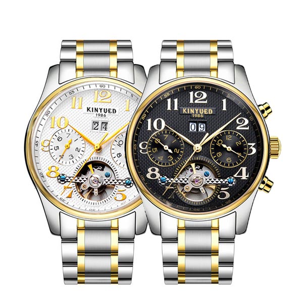 楽天FRABELL【楽天SS対象商品10％OFF】 お得なクーポン配布中 送料無料 重厚感抜群な多機能自動巻き腕時計 1ヶ月計 1日計 1週間計 シースルーモデル ステンレスベルト アラビアインデックス