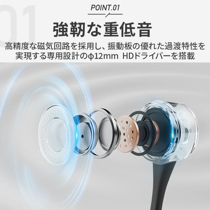 dido ワイヤレスイヤホン 重低音 Bluetooth 防水仕様 最大約20時間連続再生 直径12mm HDドライバー搭載 40g軽量 黒 1年保証 3