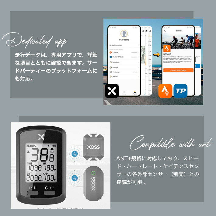 XOSSG+GPSサイコンサイクルコンピュータ15種類データー進化版ワイヤレスUSB充電式BluetoothANT+対応ロードバイクサイクルコンピューターサイクリングスピードとケイデンスセンサー(G+)日本語説明書、IP67防水シリコンケース付き