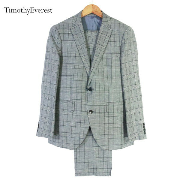 《お買い得》ティモシーエベレスト Timothy Everest スーツ サイズ36(M、A5) グレー 3ピース 2ボタン サイドベンツ ウール×リネン チェック柄 ベスト付き 日本製 春夏 332C7016 メンズ MSU991