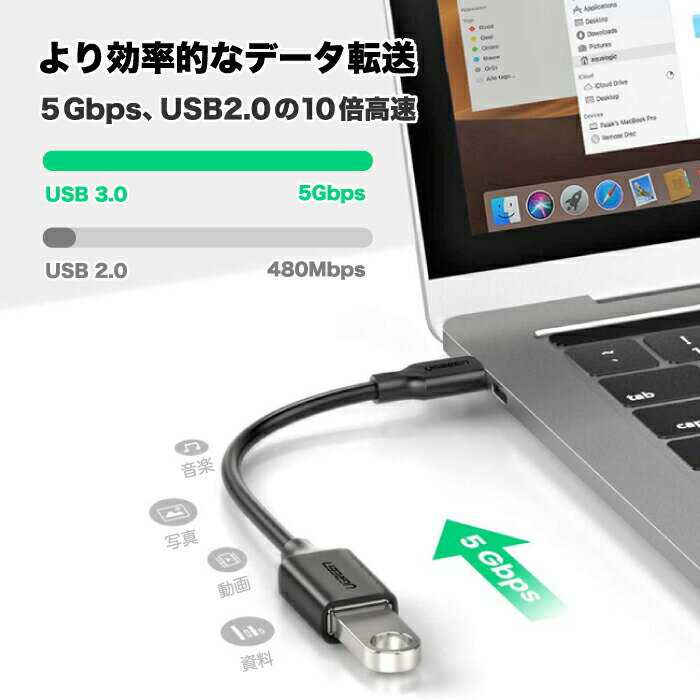 UGREEN OTG ケーブル Type-C USB 3.0-USB A変換ケーブル オス-メス Xperia XZ、MacBook Pro、Galaxy S9 S9 Plus、Huawei P20 P20 Pro、P10 P10 Plus、Nexus 5 X 6P等に対応 ブラック ホワイト US154 UG