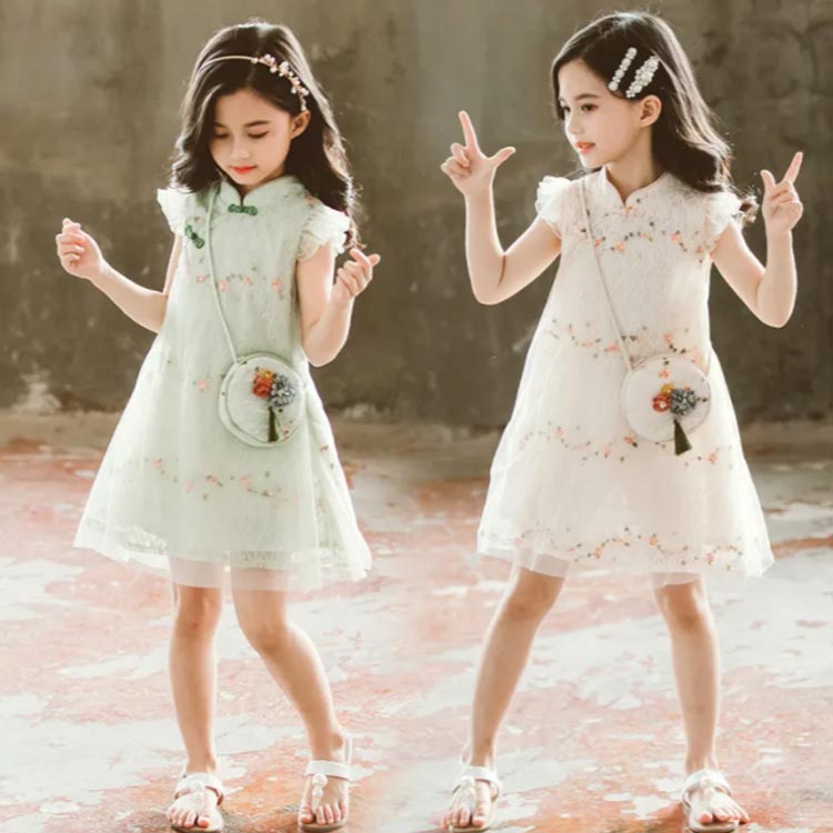 おしゃれ ショルダーバッグ付き 夏服 フリルスリーブ 110 カジュアル 子ども服 女の子 春服 子供服 結婚式 ワンピース 発表会 キッズ ジュニア チャイナ風 130 かわいい 120 150 140 子供