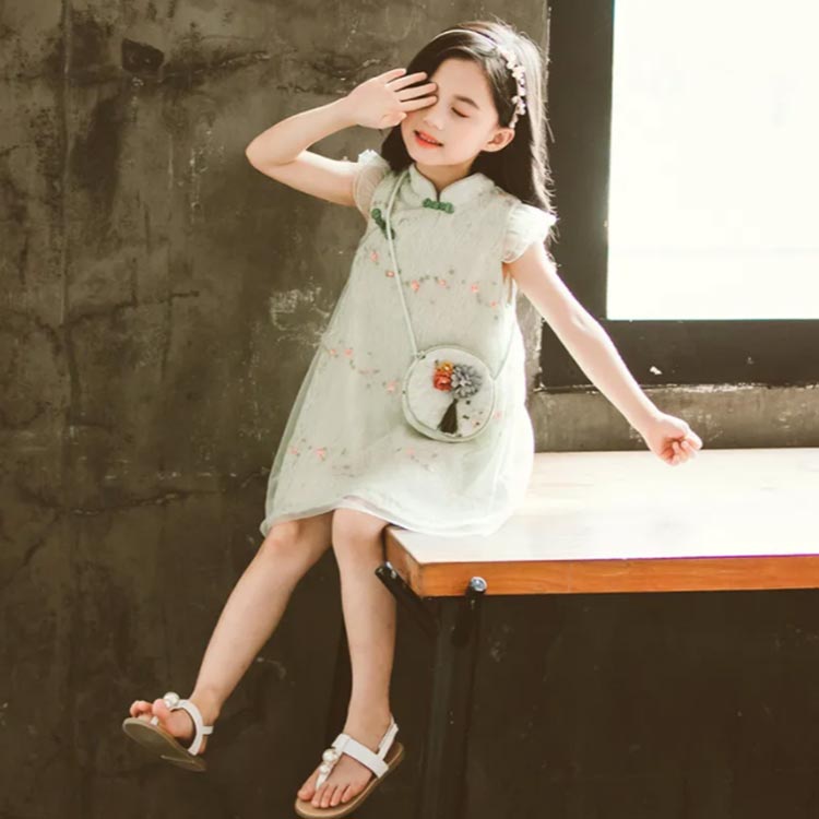 おしゃれ ショルダーバッグ付き 夏服 フリルスリーブ 110 カジュアル 子ども服 女の子 春服 子供服 結婚式 ワンピース 発表会 キッズ ジュニア チャイナ風 130 かわいい 120 150 140 子供