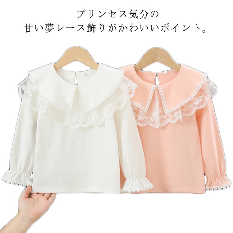 レースtシャツ 綿 キッズ tシャツ セーラー服 女の子 フォーマル 長袖tシャツ 送料無料 ブラウス カットソー レース トップス 春 秋 バックボタン かわいい 白 ピンク 子ども ガールズ 通学 通園 セーラーカラー 110 120 130 140 ビッグ襟