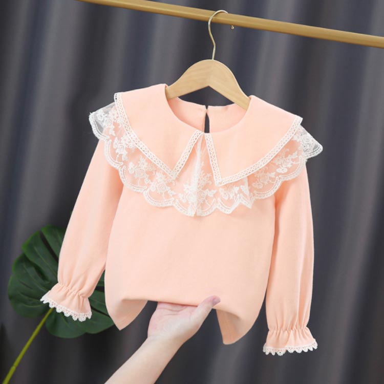 レースtシャツ 綿 キッズ tシャツ セーラー服 女の子 フォーマル 長袖tシャツ 送料無料 ブラウス カットソー レース トップス 春 秋 バックボタン かわいい 白 ピンク 子ども ガールズ 通学 通園 セーラーカラー 110 120 130 140 ビッグ襟
