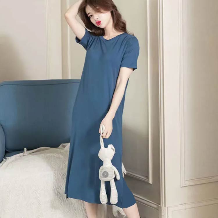 ワンピース 部屋着 ロング カップ付き リラックス 半袖 ルームウェア レディース ゆったり ワンピース ネグリジェ パジャマ ナイトウェア ボーダー M L カップ付き 2