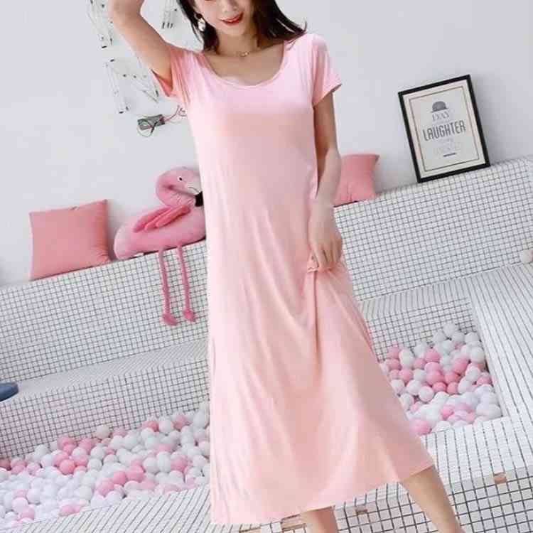 ワンピース 部屋着 ロング カップ付き リラックス 半袖 ルームウェア レディース ゆったり ワンピース ネグリジェ パジャマ ナイトウェア ボーダー M L カップ付き 3