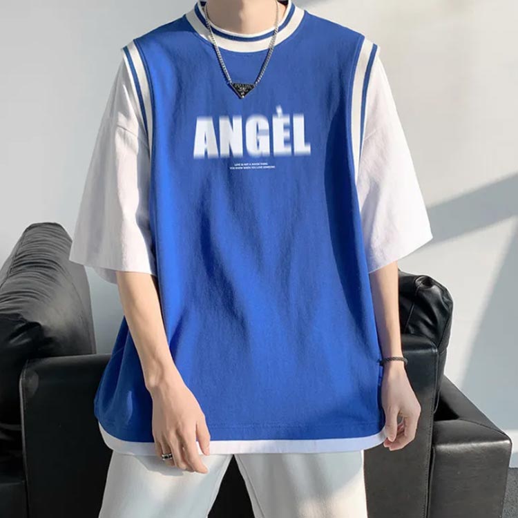 送料無料 Tシャツ 重ね着風 オーバーサイズ 半袖Tシャツ メンズ 重ね着風Tシャツ ベスト ジレ レイヤード Tシャツ カットソー フェイクレイヤード ビッグTシャツ ビッグシルエット Tシャツロゴ ゆったり ゆるT カジュアル