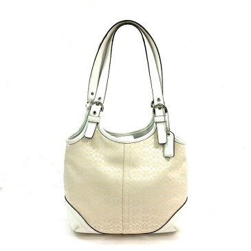 コーチ ショルダーバッグ ミニシグネチャー 7025 ベージュ ホワイト 中古 キャンバス レザー COACH | レディース 女性 スモール 白 シルバー金具 上品 カワイイ ストラップ付 通勤 プライベート オシャレ ロゴ 定番 人気 本物 鑑定済み