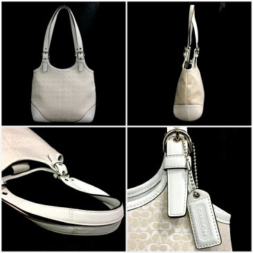 コーチ ショルダーバッグ ミニシグネチャー 7025 ベージュ ホワイト 中古 キャンバス レザー COACH | レディース 女性 スモール 白 シルバー金具 上品 カワイイ ストラップ付 通勤 プライベート オシャレ ロゴ 定番 人気 本物 鑑定済み