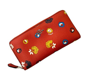 コーチ ファスナー長財布 F53965 レッド シルバー マルチ 中古 PVC レザー COACH 女性 レディース 花柄 フラワー イエロー ブルー ホワイト ネイビー 紺 ラウンドファスナー 長財布 財布 オシャレ 通勤 通学 背面収納 スマホポケット ロゴ シルバー金具 本物 鑑定済み