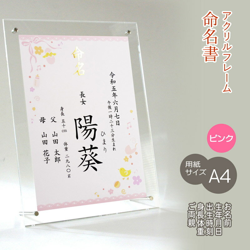 命名書 女の子用 アクリルフレーム 名入れ オーダー お祝い 記念 出産 ベビー 赤ちゃん 新生児 名付け祝い お七夜 孫 人気 プレゼント 出産祝い ピンク A4サイズ