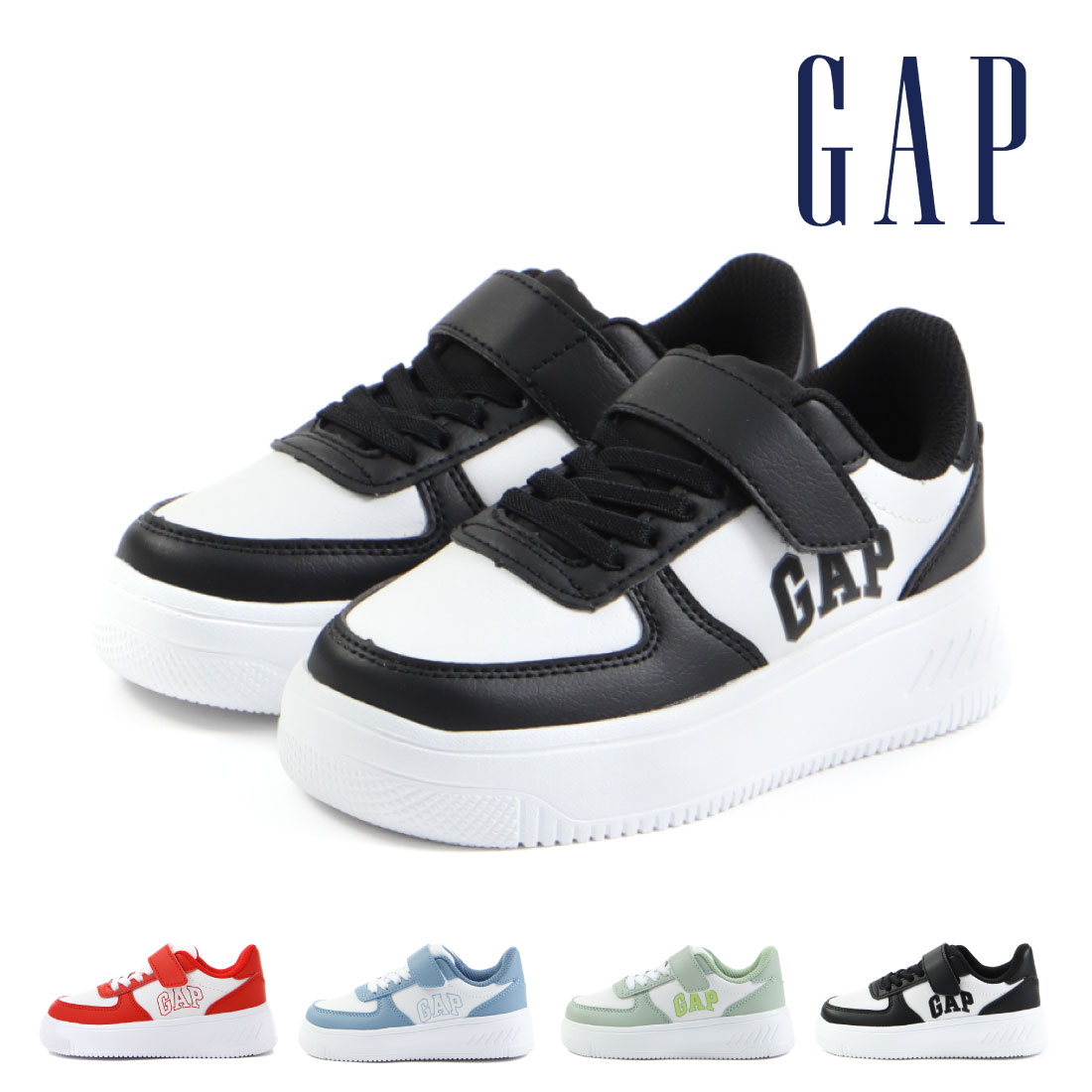 GAP ギャップ キッズ ジュニア スニーカー 厚底 マジックテープ コートシューズ ローカット ホワイト ブラック ネイビー ピンク パープル 白 黒 紺 紫 通学 子供靴 男の子 女の子 かわいい 合わせやすい GPK52317のサムネイル