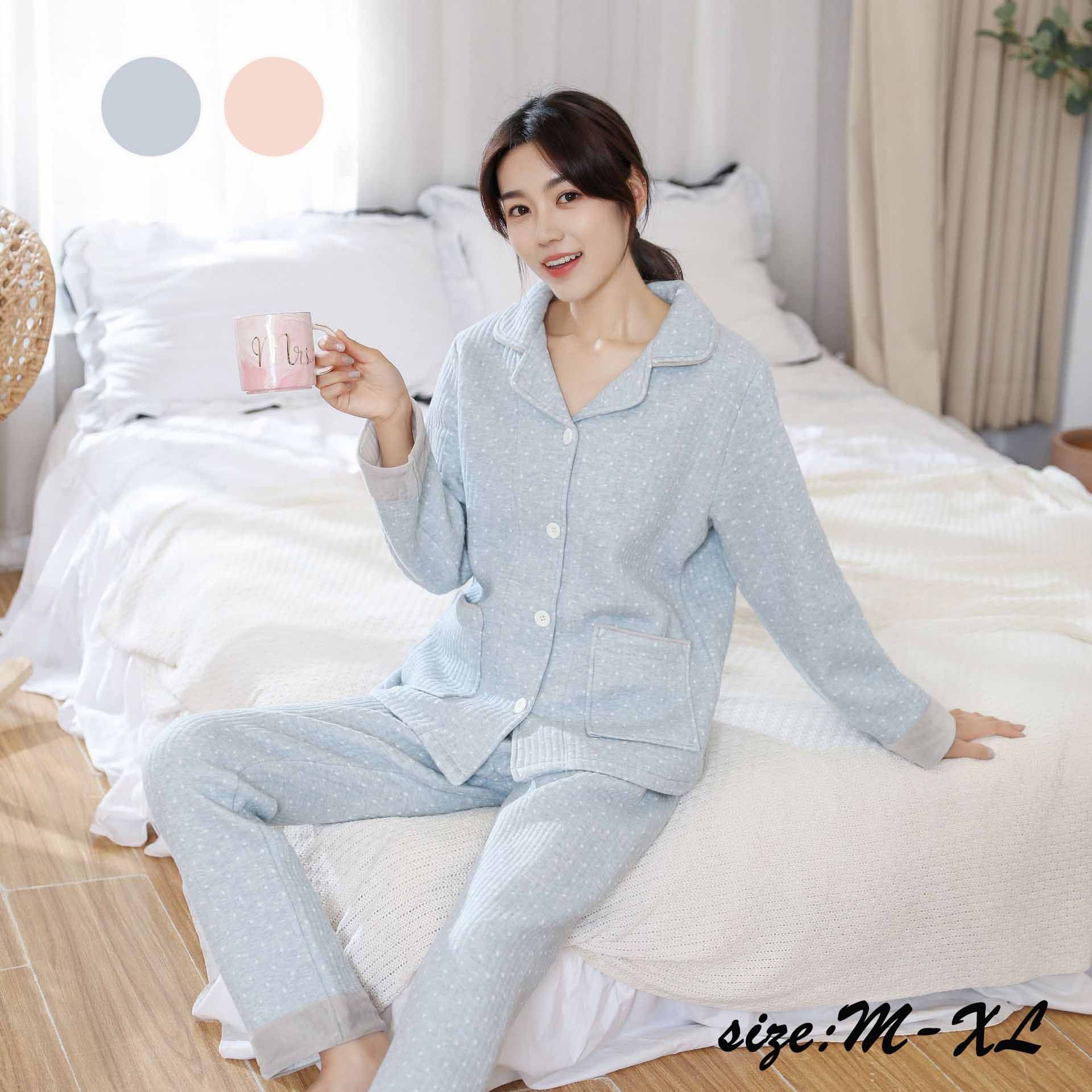 パジャマ ルームウェア レディース 春秋冬 2点セット 厚手 パンツ 長ズボン 長袖 Vネックス パジャマ 大きいサイズ ナイトガウン 部屋着 かわいい ゆったり おしゃれ 可愛い 寝巻き ナイトウェア ピンク ブルー M-XL