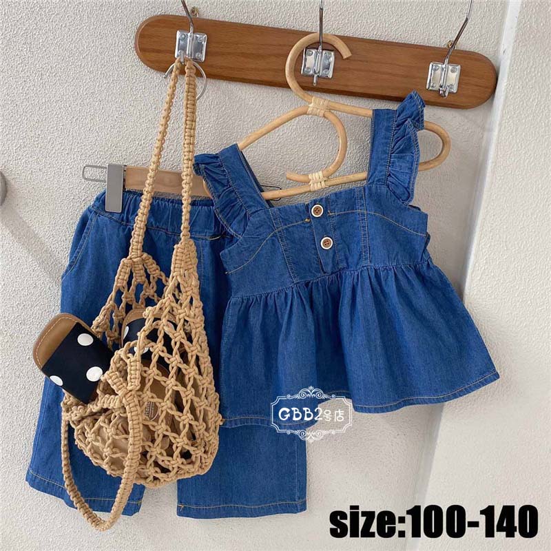 韓国子供服 セットアップ 女の子 夏 ノースリーブ タンクトップ デニムパンツ デニム 七分丈パンツ カジュアル ナチュラル デニム カジュアル ベビー服 キッズ こども 可愛い きれいめ ビーチ 通学 ブルー 100 110 120 130 140cm