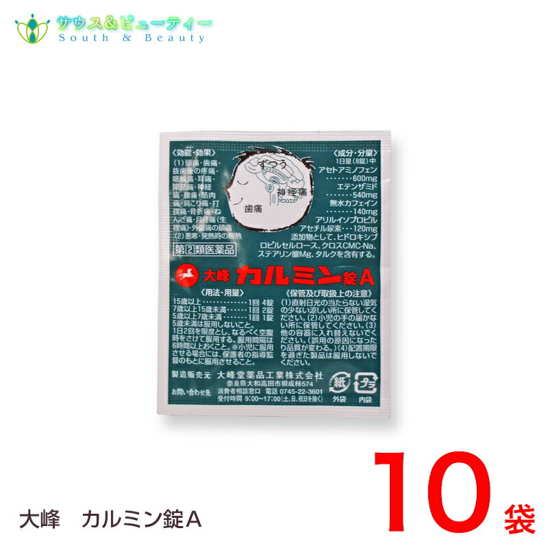 ● 大峰カルミン錠A 8錠×10袋【指定第2類医薬品】 【小分類】 解熱鎮痛薬 一般用医薬品分類 リスク区分 指定第2類医薬品 【効能・効果】　 頭痛・歯痛・抜歯後の疼痛・咽喉痛・耳痛・関節痛・神経痛・腰痛・筋肉痛・肩こり痛・打撲痛・骨折痛・捻挫痛・月経痛（生理痛）・外傷痛の鎮痛，悪寒・発熱時の解熱　 用法・用量 1回15才以上4錠，14〜7才2錠，6〜5才1錠，1日2回まで なるべく空腹時を避ける 5才未満は服用しない 用法に関する注意 ※小児に服用させる場合には，保護者の指導監督のもとに服用させること。 【成分(8錠中) 】 アセトアミノフェン …… 600mg エテンザミド ……540mg 無水カフェイン …… 140mg アリルイソプロピルアセチル尿素 …… 120mg 添加物 ヒドロキシプロピルセルロース クロスカルメロースナトリウム(クロスCMC-Na)ステアリン酸マグネシウム タルク 色 白 【使用上の注意】 ■してはいけないこと （守らないと現在の症状が悪化したり，副作用・事故が起こりやすくなる） 1．次の人は服用しないこと （1）本剤又は本剤の成分によりアレルギー症状を起こしたことがある人 （2）本剤又は他の解熱鎮痛薬，かぜ薬を服用してぜんそくを起こしたことがある人 2．本剤を服用している間は，次のいずれの医薬品も服用しないこと 　他の解熱鎮痛薬，かぜ薬，鎮静薬，乗物酔い薬 3．服用後，乗物又は機械類の運転操作をしないこと （眠気等があらわれることがある。） 4．服用前後は飲酒しないこと 5．長期連用しないこと ■相談すること 1．次の人は服用前に医師，歯科医師，薬剤師又は登録販売者に相談すること 　（1）医師又は歯科医師の治療を受けている人 　（2）妊婦又は妊娠していると思われる人 　（3）水痘（水ぼうそう）若しくはインフルエンザにかかっている又はその疑いのある乳・幼・小児（15歳未満） 　（4）高齢者 　（5）薬などによりアレルギー症状を起こしたことがある人 　（6）次の診断を受けた人 　　心臓病，腎臓病，肝臓病，胃・十二指腸潰瘍 2．服用後，次の症状があらわれた場合は副作用の可能性があるので，直ちに服用を中止し，この袋を持って医師，薬剤師又は登録販売者に相談すること ［関係部位：症状］ 皮膚：発疹・発赤，かゆみ 消化器：吐き気・嘔吐，食欲不振 精神神経系：めまい その他：過度の体温低下 まれに次の重篤な症状が起こることがある その場合は直ちに医師の診療を受けること ［症状の名称：症状］ ショック（アナフィラキシー）：服用後すぐに，皮膚のかゆみ，じんましん，声のかすれ，くしゃみ，のどのかゆみ，息苦しさ，動悸，意識の混濁等があらわれる。 皮膚粘膜眼症候群（スティーブンス・ジョンソン症候群）：高熱，目の充血，目やに，唇のただれ，のどの痛み， 皮膚の広範囲の発疹・発赤，赤くなった皮膚上に小さなブツブツ（小膿疱）が出る，全身がだるい，食欲がない等が持続したり，急激に悪化する。 中毒性表皮壊死融解症：高熱，目の充血，目やに，唇のただれ，のどの痛み 皮膚の広範囲の発疹・発赤，赤くなった皮膚上に小さなブツブツ（小膿疱）が出る，全身がだるい，食欲がない等が持続したり，急激に悪化する。 急性汎発性発疹性膿疱症：高熱，目の充血，目やに，唇のただれ，のどの痛み，皮膚の広範囲の発疹・発赤，赤くなった皮膚上に小さなブツブツ（小膿疱）が出る，全身がだるい，食欲がない等が持続したり，急激に悪化する 肝機能障害：発熱，かゆみ，発疹，黄疸（皮膚や白目が黄色くなる），褐色尿，全身のだるさ，食欲不振等があらわれる 腎障害：発熱，発疹，尿量の減少，全身のむくみ，全身のだるさ，関節痛（節々が痛む），下痢等があらわれる 間質性肺炎：階段を上ったり，少し無理をしたりすると息切れがする・息苦しくなる，空せき，発熱等がみられ，これらが急にあらわれたり，持続したりする ぜんそく：息をするときゼーゼー，ヒューヒューと鳴る，息苦しい等があらわれる 3．服用後，次の症状があらわれることがあるので，このような症状の持続又は増強が見られた場合には，服用を中止し，この袋を持って医師，薬剤師又は登録販売者に相談すること 　眠気 4．5〜6回服用しても症状がよくならない場合は服用を中止し，この袋を持って医師，歯科医師，薬剤師又は登録販売者に相談すること ＜用法・用量に関連する注意＞ 小児に服用させる場合には，保護者の指導監督のもとに服用させること 5歳未満　服用しないこと 保管及び取り扱いに関する注意 1.直射日光の当たらない湿気の少ない涼しい所に保管してください 2.小児の手の届かない所に保管してください 3.他の容器に入れ替えないでください （誤用の原因になったり品質が変わる。） 製造者販売元 会社名：大峰堂薬品工業株式会社 区分 日本製　/ 第2類医薬品 製品のお問い合わせ先 大峰堂薬品工業株式会社 〒635-0051　奈良県大和高田市根成柿574 お客様相談室 お問い合わせ　電話：0745）22-3601 受付時間：9：00〜17：00（土，日，祝日を除く） 【医薬品の使用期限】 ご購入日より1年以上となっております。詳しい使用期限に関しましては、当店までご連絡ください。 医薬品につきましては、ご本人のみご購入頂けます。ギフトによる注文はお受けできません。 医薬品の同一商品のご注文は、数量制限を致しております。 ご注文いただいた数量が、当店規定の制限を越えた場合には、登録販売者からご使用状況確認の連絡をさせていただきます。予めご了承願います （医薬品販売業許可証について） 許可の区分：店舗販売業 者氏名：南　広行 店舗名称：みなみ薬品 店舗所在地：和歌山県和歌山市六十谷1342-43 許可番号：和歌山市指令保総第1251号 有効期限：令和元年8月30日から令和7年8月29日まで 【副作用被害救済制度のお問い合わせ先】 (独)医薬品医療機器総合機構 TEL：0120-149-931 (フリーダイヤル)商品名 大峰カルミン錠A 【指定第2類医薬品】 用法・用量 1回15才以上4錠14〜7才2錠，6〜5才1錠，1日2回まで なるべく空腹時を避ける 5才未満は服用しない 【使用上の注意】 ■してはいけないこと （守らないと現在の症状が悪化したり，副作用・事故が起こりやすくなる） 1．次の人は服用しないこと （1）本剤又は本剤の成分によりアレルギー症状を起こしたことがある人 （2）本剤又は他の解熱鎮痛薬，かぜ薬を服用してぜんそくを起こしたことがある人 2．本剤を服用している間は，次のいずれの医薬品も服用しないこと 　他の解熱鎮痛薬，かぜ薬，鎮静薬，乗物酔い薬 3．服用後，乗物又は機械類の運転操作をしないこと （眠気等があらわれることがある。） 4．服用前後は飲酒しないこと 5．長期連用しないこと ■相談すること 1．次の人は服用前に医師，歯科医師，薬剤師又は登録販売者に相談すること 　（1）医師又は歯科医師の治療を受けている人 　（2）妊婦又は妊娠していると思われる人 　（3）水痘（水ぼうそう）若しくはインフルエンザにかかっている又はその疑いのある乳・幼・小児（15歳未満） 　（4）高齢者 　（5）薬などによりアレルギー症状を起こしたことがある人 　（6）次の診断を受けた人 　　心臓病，腎臓病，肝臓病，胃・十二指腸潰瘍 2．服用後，次の症状があらわれた場合は副作用の可能性があるので，直ちに服用を中止し，この袋を持って医師，薬剤師又は登録販売者に相談すること ［関係部位：症状］ 皮膚：発疹・発赤，かゆみ 消化器：吐き気・嘔吐，食欲不振 精神神経系：めまい その他：過度の体温低下 まれに次の重篤な症状が起こることがある その場合は直ちに医師の診療を受けること ［症状の名称：症状］ ショック（アナフィラキシー）：服用後すぐに，皮膚のかゆみ，じんましん，声のかすれ，くしゃみ，のどのかゆみ，息苦しさ，動悸，意識の混濁等があらわれる。 皮膚粘膜眼症候群（スティーブンス・ジョンソン症候群）：高熱，目の充血，目やに，唇のただれ，のどの痛み， 皮膚の広範囲の発疹・発赤，赤くなった皮膚上に小さなブツブツ（小膿疱）が出る，全身がだるい，食欲がない等が持続したり，急激に悪化する。 中毒性表皮壊死融解症：高熱，目の充血，目やに，唇のただれ，のどの痛み 皮膚の広範囲の発疹・発赤，赤くなった皮膚上に小さなブツブツ（小膿疱）が出る，全身がだるい，食欲がない等が持続したり，急激に悪化する。 急性汎発性発疹性膿疱症：高熱，目の充血，目やに，唇のただれ，のどの痛み，皮膚の広範囲の発疹・発赤，赤くなった皮膚上に小さなブツブツ（小膿疱）が出る，全身がだるい，食欲がない等が持続したり，急激に悪化する 肝機能障害：発熱，かゆみ，発疹，黄疸（皮膚や白目が黄色くなる），褐色尿，全身のだるさ，食欲不振等があらわれる 腎障害：発熱，発疹，尿量の減少，全身のむくみ，全身のだるさ，関節痛（節々が痛む），下痢等があらわれる 間質性肺炎：階段を上ったり，少し無理をしたりすると息切れがする・息苦しくなる，空せき，発熱等がみられ，これらが急にあらわれたり，持続したりする ぜんそく：息をするときゼーゼー，ヒューヒューと鳴る，息苦しい等があらわれる 3．服用後，次の症状があらわれることがあるので，このような症状の持続又は増強が見られた場合には，服用を中止し，この袋を持って医師，薬剤師又は登録販売者に相談すること 　眠気 4．5〜6回服用しても症状がよくならない場合は服用を中止し，この袋を持って医師，歯科医師，薬剤師又は登録販売者に相談すること 用法関連注意 （1）用法・用量を厳守して下さい。 （2）小児に服用させる場合には，保護者の指導監督のもとに服用させて下さい （3） 5歳未満　服用しないこと 構成成分量（8錠中） アセトアミノフェン …… 600mg エテンザミド ……540mg 無水カフェイン …… 140mg アリルイソプロピルアセチル尿素 …… 120mg 色 白 添加物 ヒドロキシプロピルセルロース クロスカルメロースナトリウム(クロスCMC-Na)ステアリン酸マグネシウム タルク 効能・効果 頭痛・歯痛・抜歯後の疼痛・咽喉痛・耳痛・関節痛・神経痛・腰痛・筋肉痛・肩こり痛・打撲痛・骨折痛・捻挫痛・月経痛（生理痛）・外傷痛の鎮痛，悪寒・発熱時の解熱 効能に関する注意 長期連用する場合には，医師，薬剤師又は登録販売者に相談して下さい 内容量 8錠×10袋 使用期限 枠外上部シール部に記載 保存方法 ●保管及び取扱い上の注意 （1）直射日光の当たらない湿気の少ない涼しい所に保管してください （2）小児の手の届かない所に保管してください （3）他の容器に入れ替えないでください （誤用の原因になったり品質が変わる。） （4）配置期限を過ぎた製品は服用しないでください 製造者販売元 会社名：大峰堂薬品工業株式会社 区分 日本製　/ 指定第2類医薬品 　 製品のお問い合わせ先 大峰堂薬品工業株式会社 〒635-0051　奈良県大和高田市根成柿574 お客様相談室 お問い合わせ　電話：0745）22-3601 受付時間：9：00〜17：00（土，日，祝日を除く） 広告文責 サウス＆ビューティー電話　073-461-8458特定販売時間：8:00&#12316;13:00（日祝日除く） 相談可能時間：8:00&#12316;13:00（日祝日除く）