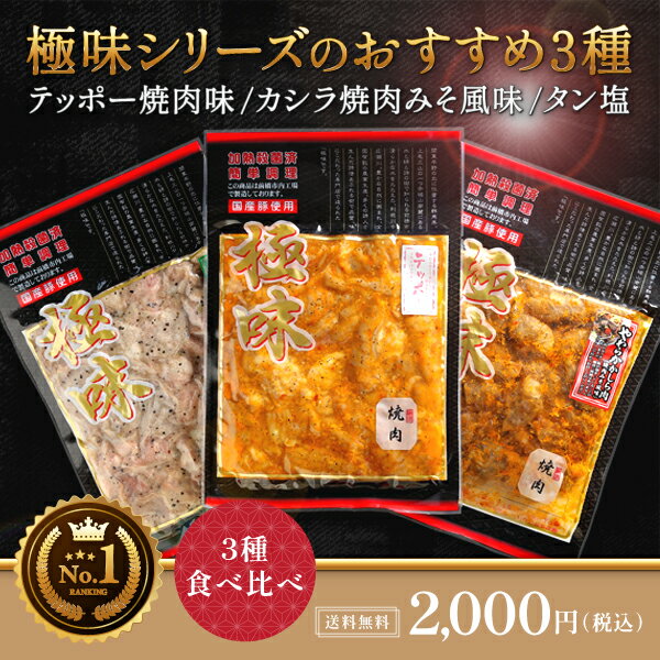 【国産】【送料無料】極味ホルモンシリーズおすすめ3種食べ比べセット【テッポー焼肉味・カシラ焼肉味・豚タン塩味の3種】