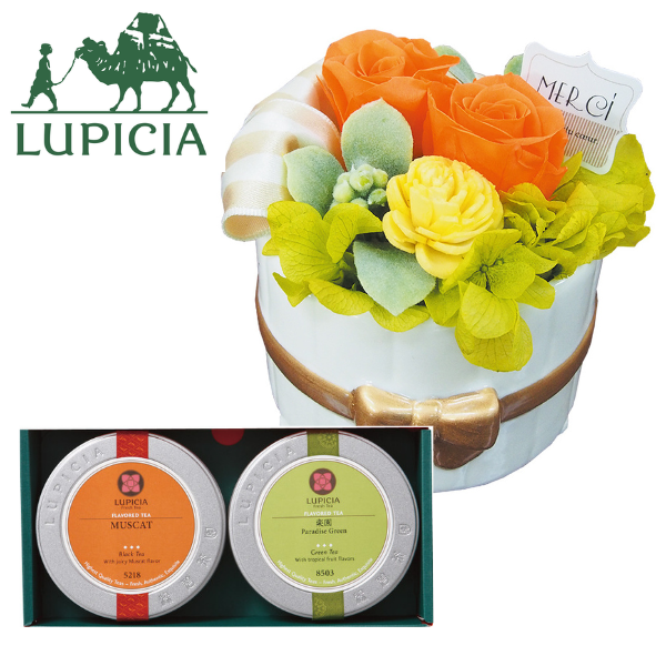 【ポイント5倍クーポン有】ルピシア お茶のバラエティセットA と プリザーブドフラワー シュクレセット　LUPICIA 茶葉 紅茶 日本茶 ティーパック 人気 フレーバードティー おしゃれ のし リボン 包装 ラッピング 無料 【送料無料】