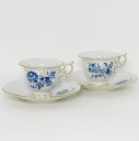 マイセン カップ&ソーサー■ブルーフラワー C&S 青い花 昆虫 金彩 シェルエッジ 洋食器 2客セット Meissen 1