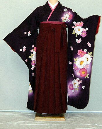 身丈肩裄袖丈前幅後幅165cm68cm106cm25cm30cmサイズ；L寸・・・身長153cmより168cm位に対応ヒップ102cm位までの方に、ギリギリ105cm位まで着物の地色は、濃い紫です。■着物のサイズについて詳しくお知りになりたい方は「きもの庄司」（庄司呉服店）まで電話かメールにてお問い合せ下さい。□大阪・神戸・京都はもとより、北は北海道から東北・東京・神奈川・千葉・埼玉・静岡・名古屋・福岡・沖縄まで日本全国どこへでも、均一料金で、お届けさせていただきます。ぼかし刺繍袴の着付け姿です（オプション）柄のアップです振袖の後姿です（袋帯の場合）　□振袖・袴セット内容 □振袖、袴（無地）、長襦袢、巾着、着付小物一式※写真の袴はイメージになります。振袖に合った袴を選んでお送りさせていただきます。袴の色・柄はお任せになります。
