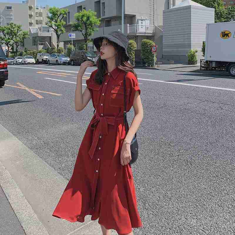 ワンピース シャツワンピース ワンピドレス 膝丈 ひざ丈 袖あり 半袖 フレンチスリーブ 襟付き フレア ウエストマーク ウエストリボン 前開き かわいい きれいめ シンプル カジュアル 大人 上品 おしゃれ レトロ 大人可愛い 大人女子 個性的 送料無料 S M L XL お出かけ