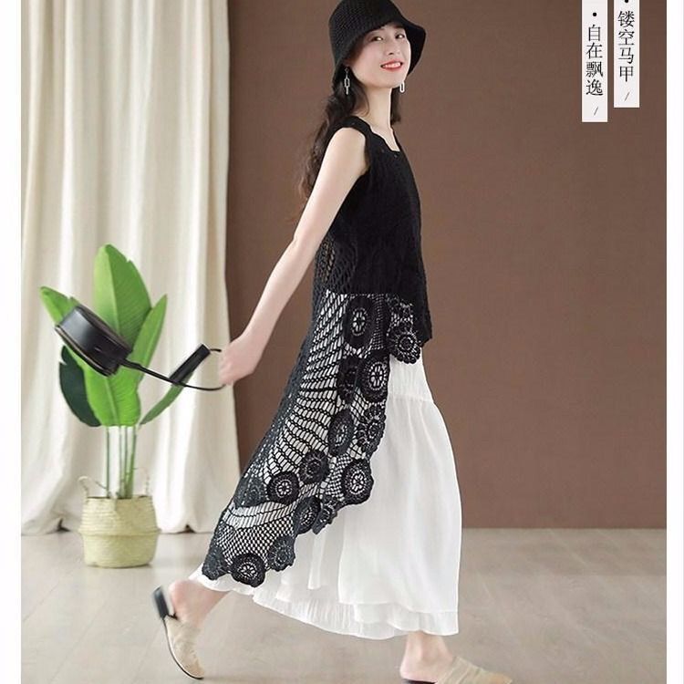 送料無料 レース メッシュ ロング ワンピース ノースリーブ 花柄 レディース マキシ レイヤード 重ね着 ラウンドテール 春 夏 ゆったり 大きめ 無地 体型カバー