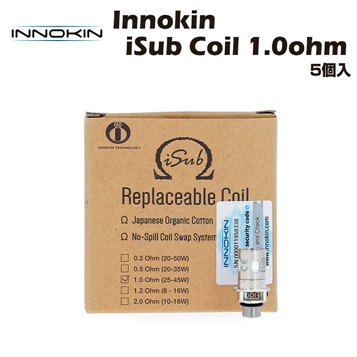 日本製オーガニックコットン/1.0Ωカンタルコイルを使用したInnokin純正コイル/アトマイザーヘッドです。 全てのInnokin iSub アトマイザー シリーズに対応します。 仕様 抵抗値 1.0Ω 推奨ワッテージ 25~45W 内容 Innokin iSub Coil Kanthal 1.0Ω×5