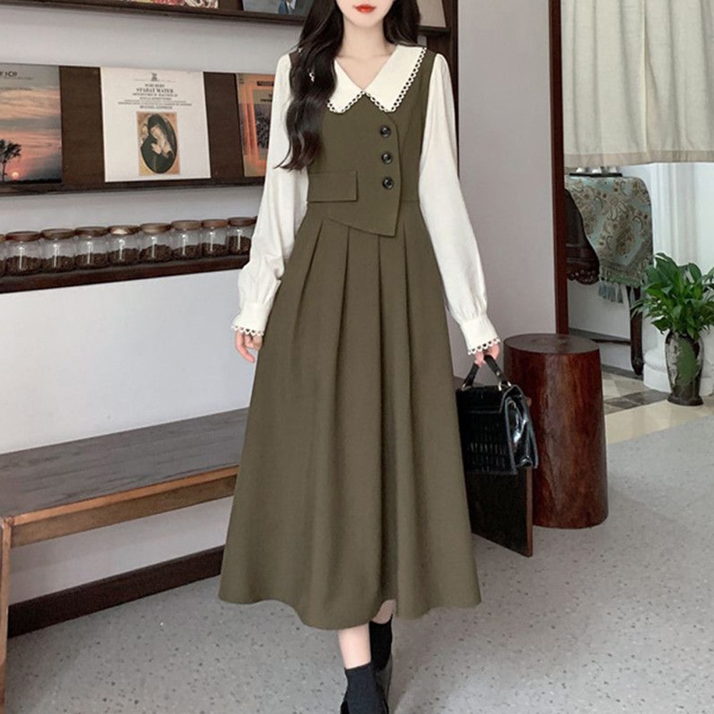 ワンピース 入学式 長袖 レディース 春秋 韓国 清楚 上品 ワンピ かわいい きれいめ おしゃれ フェミニン フォーマル ロングワンピース レイヤード ブラウ...