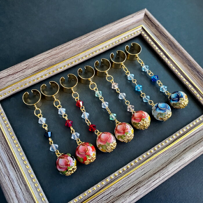 【 送料無料 】 イヤーカフ イヤカフ イヤリング ガラス スワロフスキー ハンドメイド アクセサリー キラキラ かわいい プレゼント 和柄【 わだつみ茶屋 】