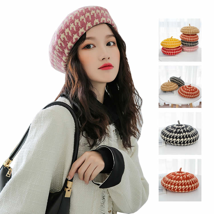 Rakuten - レディース ベレー帽子　千鳥柄 冬物 ニットキャップ ニット 帽子 キャップ ニットベレー かわいい 防寒 厚め 流行 リブ編み ベレー帽 寒さ対策 暖かい 冬用帽子