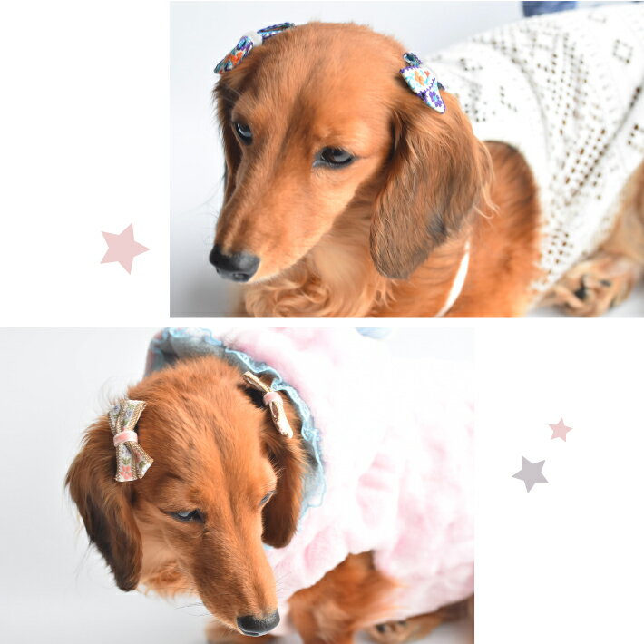 【犬 ヘアアクセサリー】 リボン コーム型 パッチン留め ヘアピン 2点セット F ポップ ハンドメイド 髪飾り 3