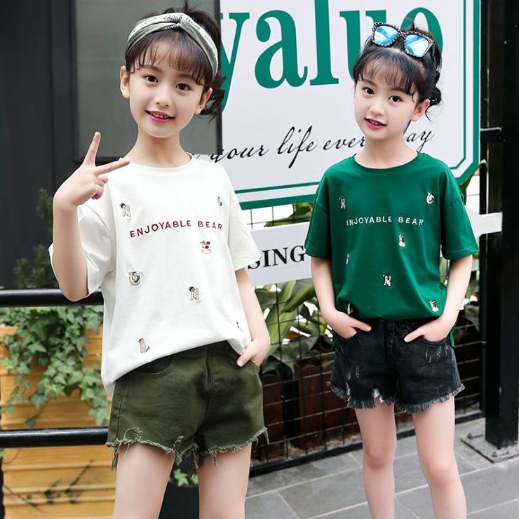 キッズ シャツ 子供服 Tシャツ 女の子 半袖 子供 Tシャツ 子供服 半袖 Tシャツ デザイン ラインストーン ショートパンツとセット着用Tシャツ