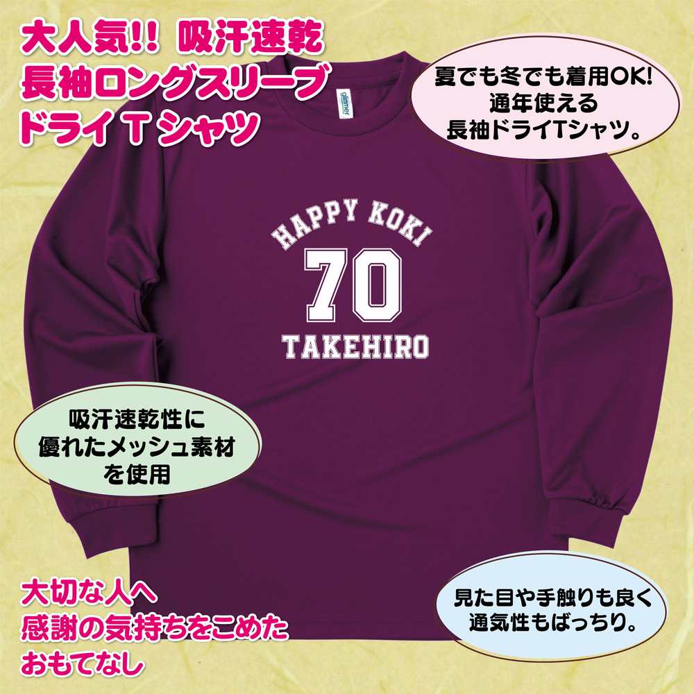 【ポイントアップ中！】古希 祝い 長袖 ドライ Tシャツ A BP | 名入れ 古稀 半袖 男性 女性 メンズ レディース お祝い おしゃれ 70歳 誕生日 プレゼント ギフト 贈り物 誕生祝い 祖父 祖母 父 母 父の日 母の日 敬老の日 70代 ティーシャツ ティシャツ ハッピー オリジナル