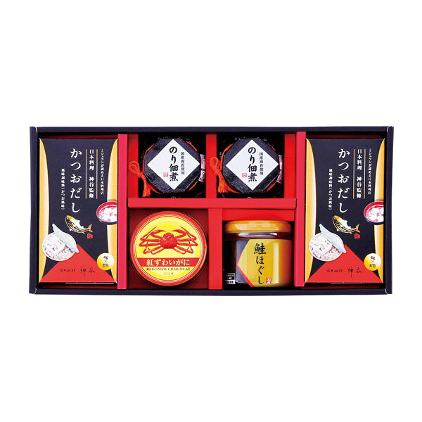 食卓にあると嬉しい食品を詰め合わせました。価格内訳・商品価格：3,240円(税込)・税率：8％・送料：送料無料商品内容・セット内容:のり佃煮80g・かつおだし（8袋入）各2、鮭ほぐし50g・紅ずわいがにほぐし身55g各1・加工地:日本【小麦・乳・カニ】・箱:約34×16.5×7.5cm（化粧箱）※商品情報等が変更になる場合がございます。
