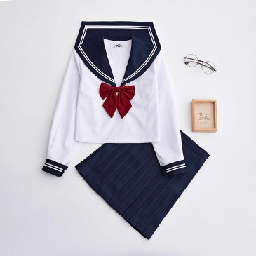 学生服 セーラー服 レディース 白色長袖+ネイビースカート+赤色蝶結び 上下セット 大人 クリスマス セーラー服 ハロウィン セクシー コスチューム 女子制服 JK制服 コスプレ 高校生 可愛い 衣装 JK服 学園祭