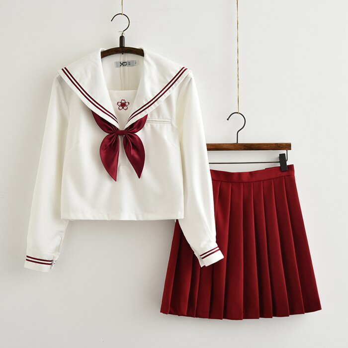 セーラー服 3点セット コスプレ 衣装 仮装 制服 セーラー服 学生服 コスチューム 白色＋赤色スカート3点セット 上下セッ 長袖と半袖 セーラー服　女子制服　JK制服　高校生 可愛い レディース 衣装 学園祭 大人 セクシー コスチューム衣装