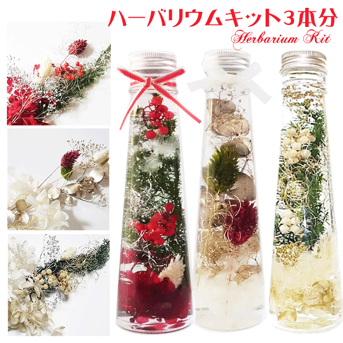 ＼10％OFF／ ハーバリウム キット クリスマス キット 送料無料 3本分 3色付き 花材 セット ボトル ピンセット オイル 花材 瓶 プリザーブドフラワー ハーバリウムキット セット お家時間 Atelier memi アトリエメミ