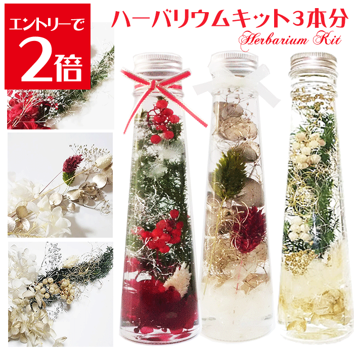 ＼クーポン配布／ ハーバリウム キット クリスマス キット 送料無料 3本分 3色付き 花材 セット ボトル ピンセット オイル 花材 瓶 プリザーブドフラワー ハーバリウムキット セット お家時間 Atelier memi アトリエメミ