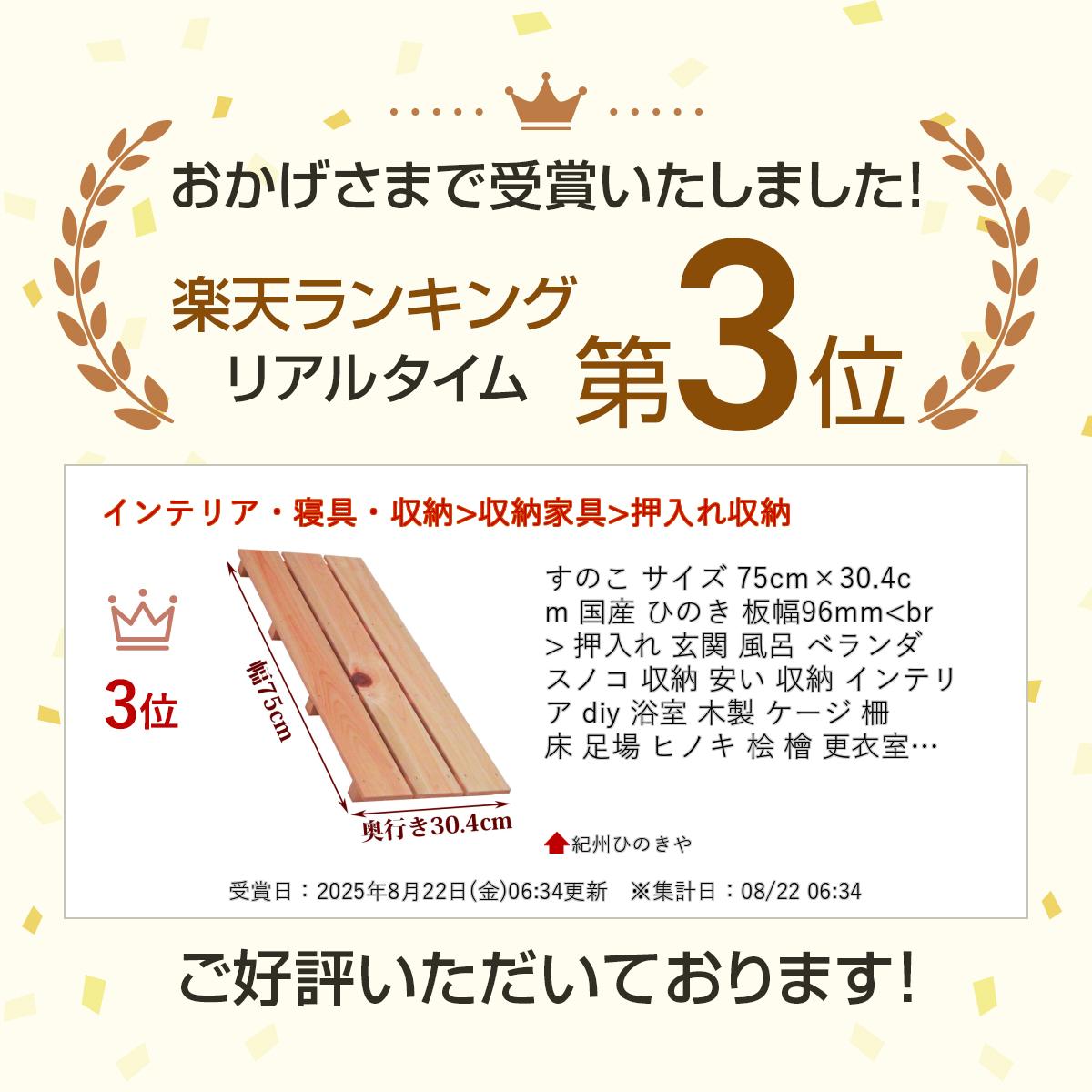 すのこ サイズ 75cm×30.4cm 国産 ひのき 板幅96mm 押入れ 玄関 風呂 ベランダ スノ...
