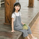 送料無料 2点セット 女の子 Tシャツ 半袖 オーバーオール 夏着 新品 韓国子供服 キッズ おしゃれ 可愛い ホワイト チェック オールインワン ワイドパンツ...